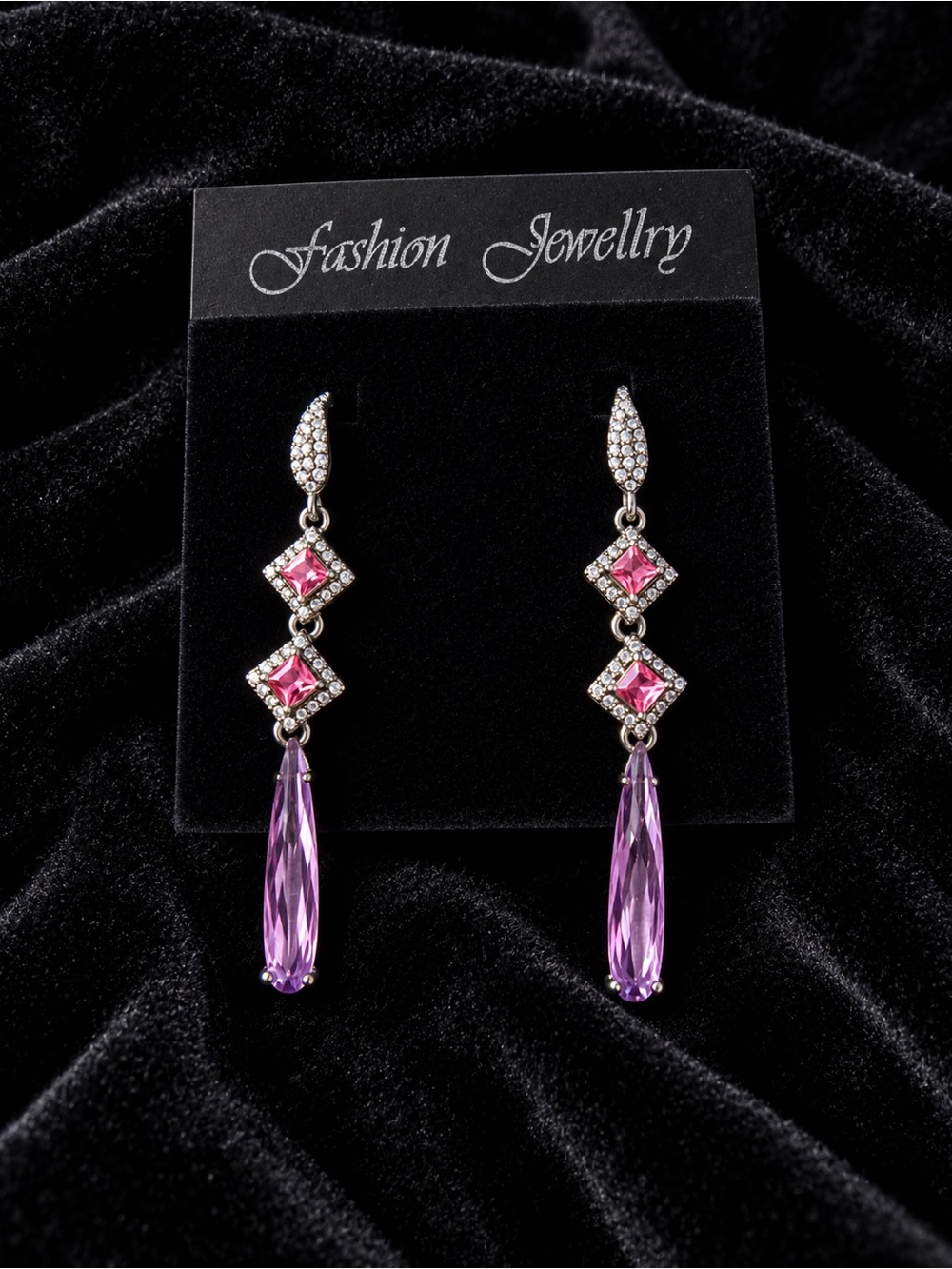 Fashion Jewelry Dangle Earrings in Gunmetal with Purple and Clear Stones
